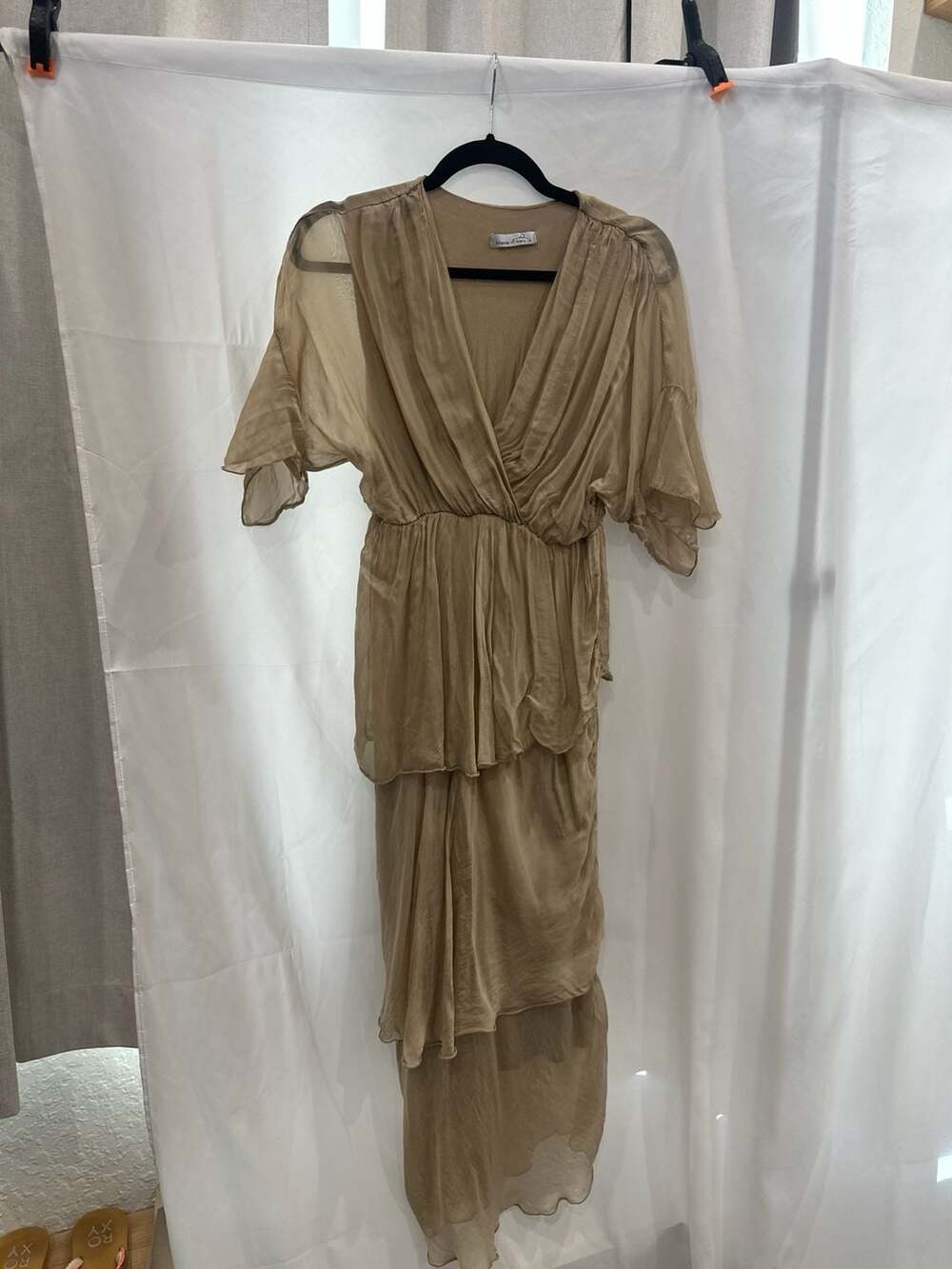 Made in Italy Taupe Silk Blend Tiered Layered V-Neck Midi Dress